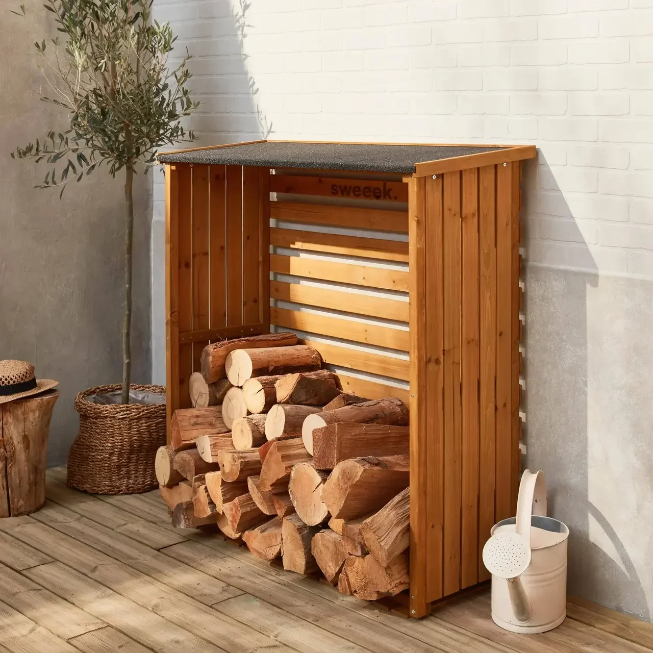 Abri bûches en sapin 120 cm - Rangement bois extérieur avec toiture bitumée