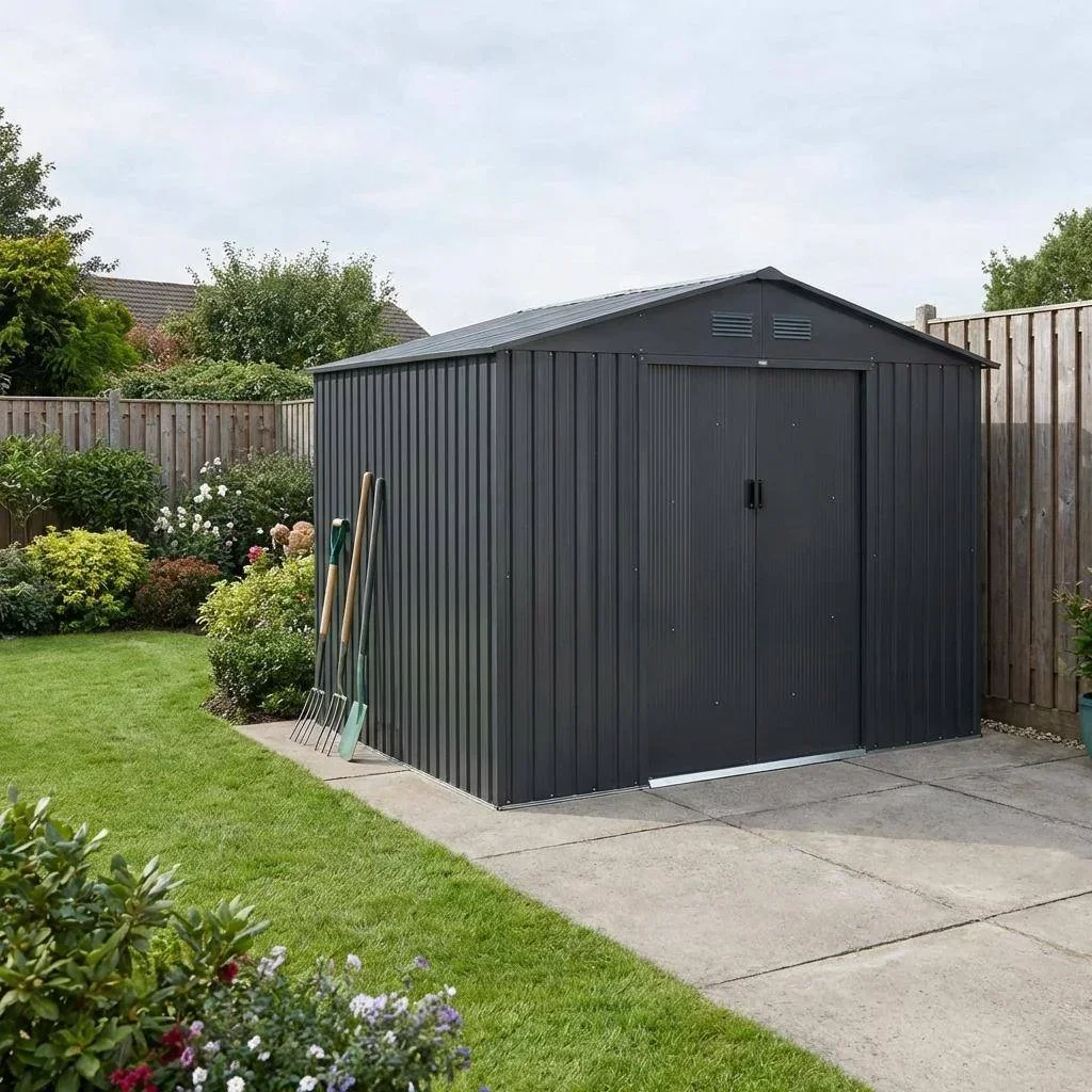Abri de jardin métallique 8,95 m² anthracite avec kit d'ancrage inclus