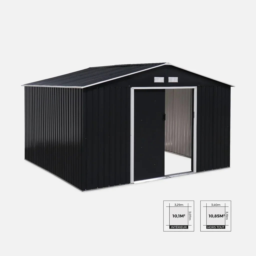 Abri de jardin métal 10,85 m² avec kit ancrage inclus et double porte coulissante