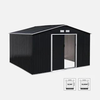 Abri de jardin métal 10,85 m² avec kit ancrage inclus et double porte coulissante