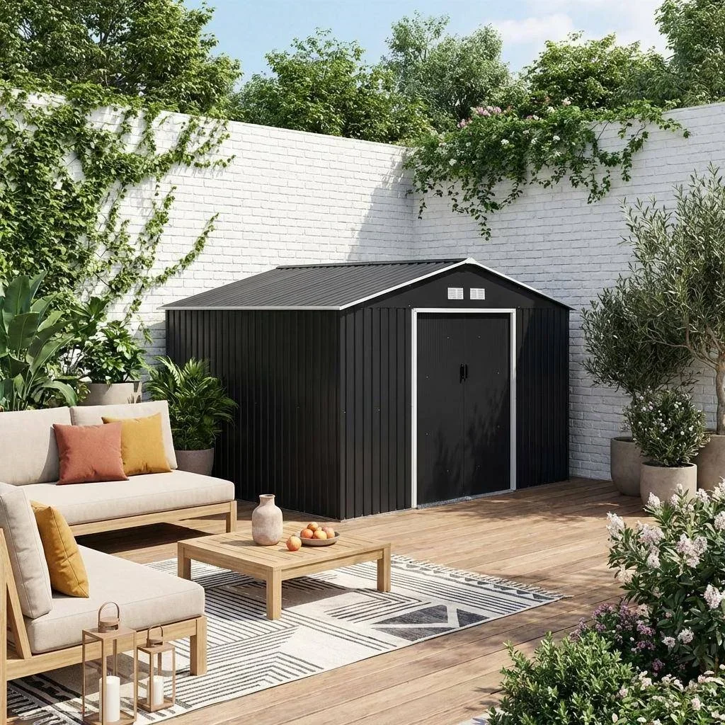 Abri de jardin métal 10,85 m² avec kit ancrage inclus et double porte coulissante