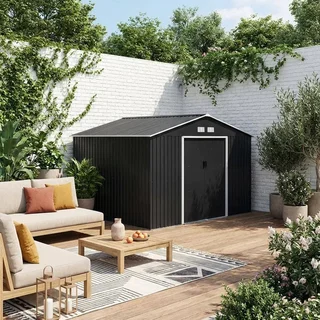 Abri de jardin métal 10,85 m² avec kit ancrage inclus et double porte coulissante