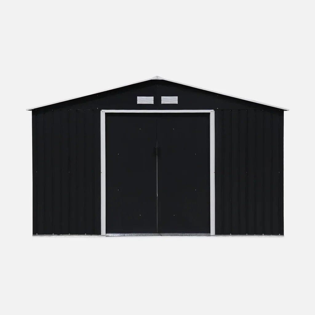 Abri de jardin métal 10,85 m² avec kit ancrage inclus et double porte coulissante