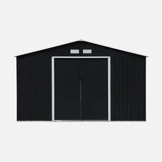 Abri de jardin métal 10,85 m² avec kit ancrage inclus et double porte coulissante