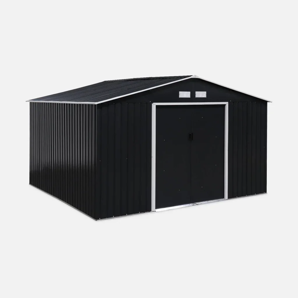 Abri de jardin métal 10,85 m² avec kit ancrage inclus et double porte coulissante