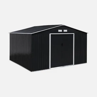 Abri de jardin métal 10,85 m² avec kit ancrage inclus et double porte coulissante