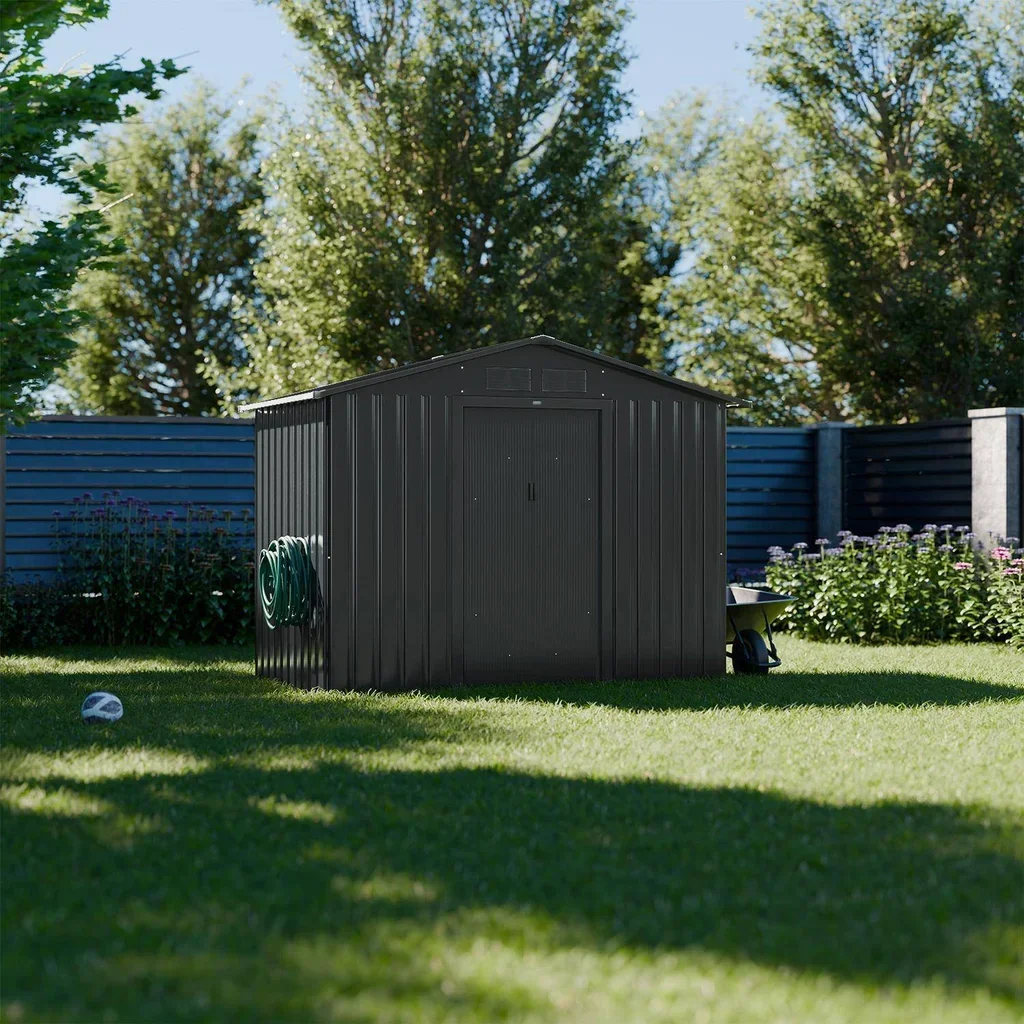 Abri de jardin métal 2,71 m² anthracite avec kit ancrage et portes coulissantes