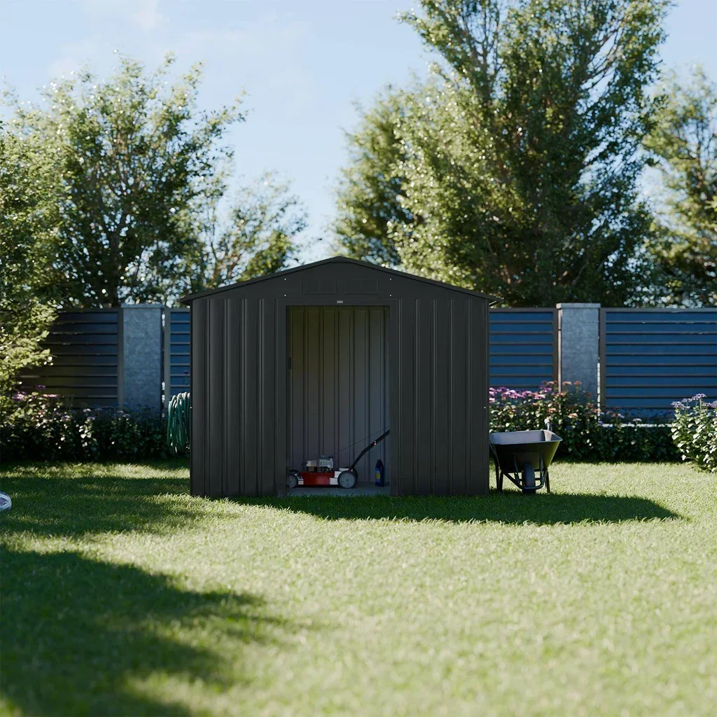 Abri de jardin métal 2,71 m² anthracite avec kit ancrage et portes coulissantes