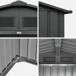 Abri de jardin métal 5,29 m² anthracite avec portes coulissantes et kit ancrage
