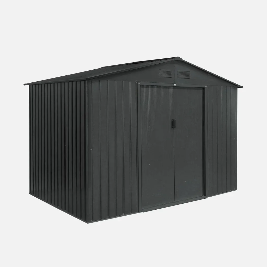 Abri de jardin métal 5,29 m² anthracite avec portes coulissantes et kit ancrage