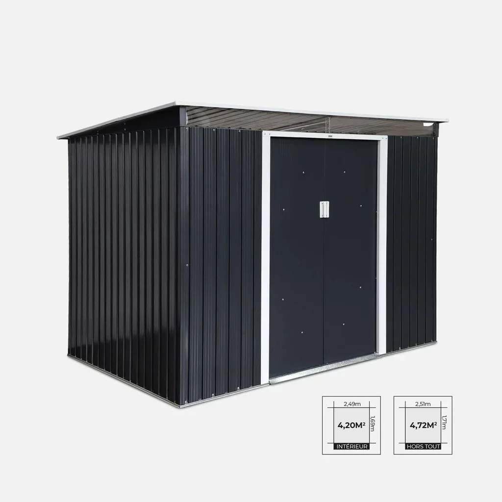 Abri de jardin métallique 4,72m² anthracite avec puits de lumière et kit d'ancrage