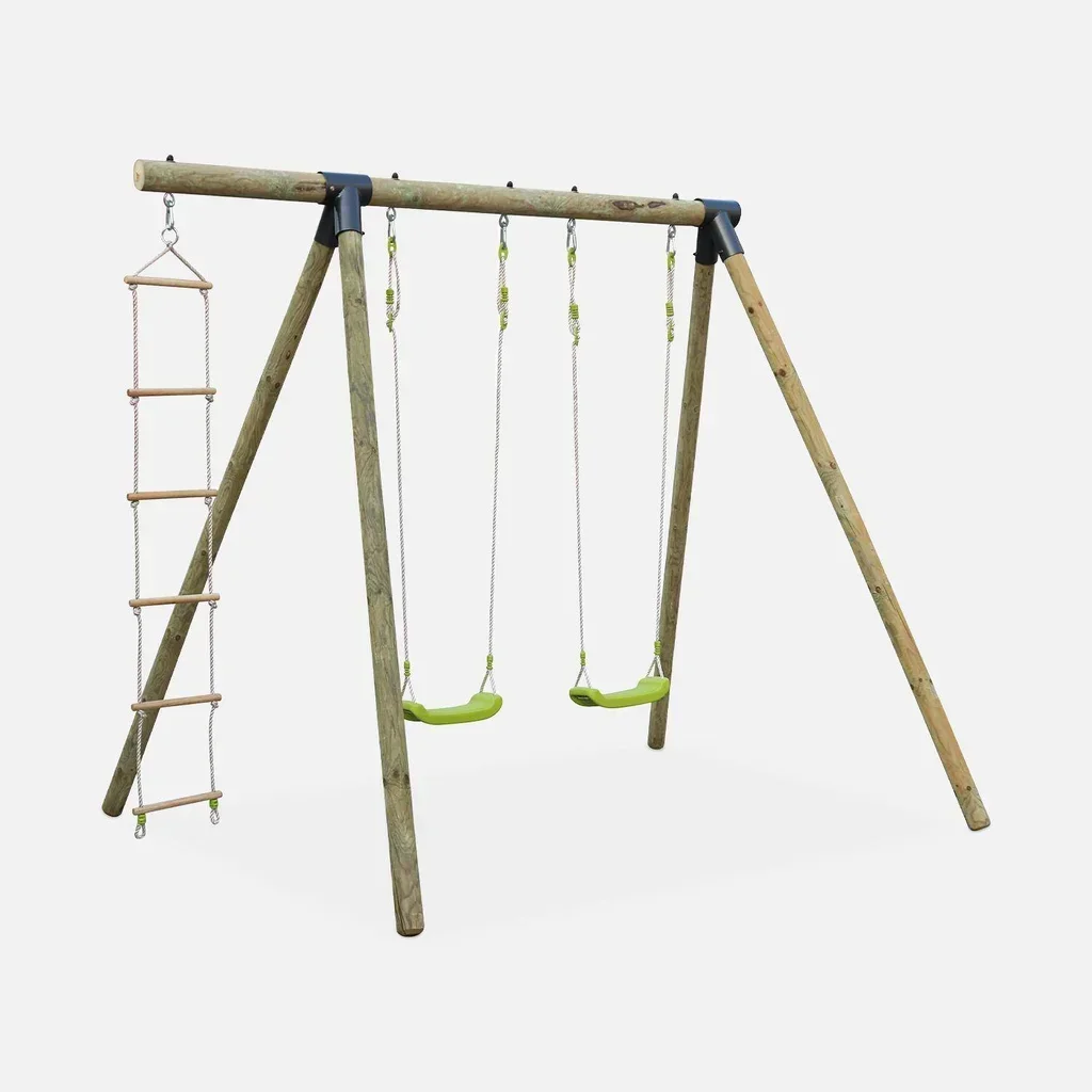 Portique bois Mistral avec balançoire et échelle de corde pour enfants 3-12 ans