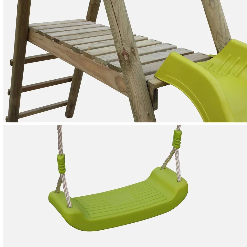 Aire de jeux bois enfant avec toboggan et double balançoire - Portique Marin