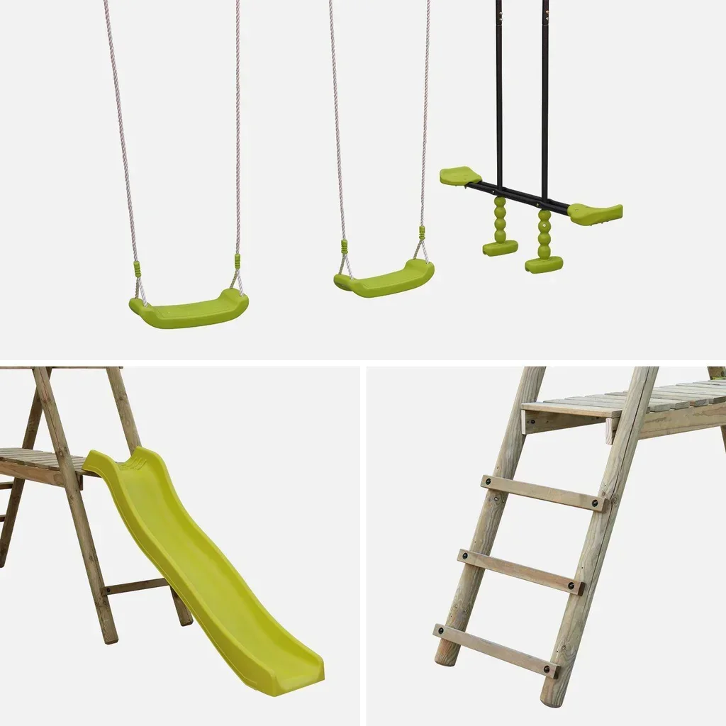 Aire de jeux bois enfant avec toboggan et double balançoire - Portique Marin