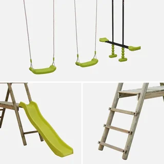 Aire de jeux bois enfant avec toboggan et double balançoire - Portique Marin