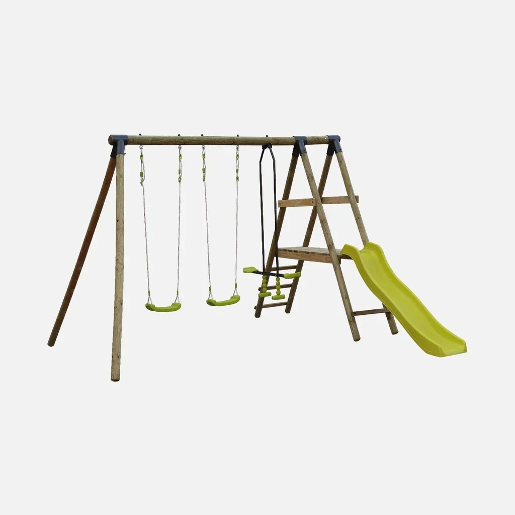 Aire de jeux bois enfant avec toboggan et double balançoire - Portique Marin