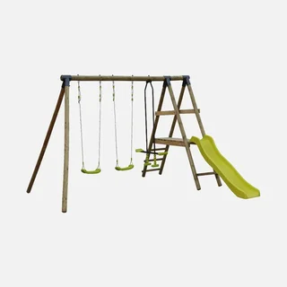 Aire de jeux bois enfant avec toboggan et double balançoire - Portique Marin