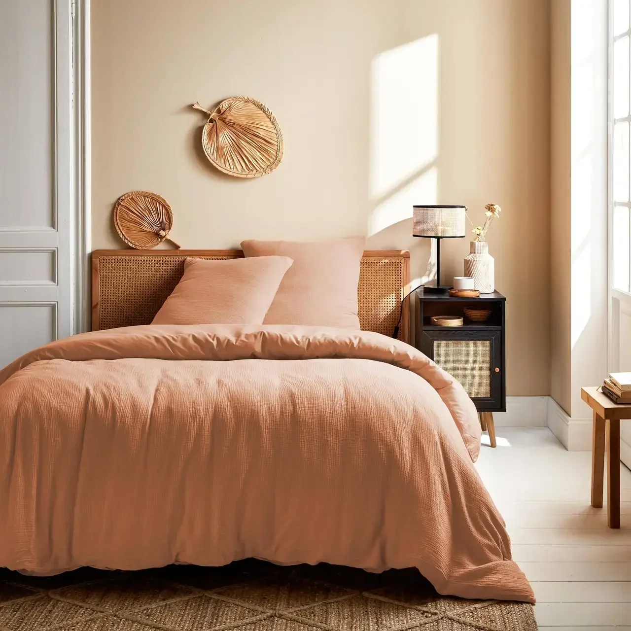 Parure de lit Alix 140x200cm gaze de coton pêche avec passe-mains et boutons