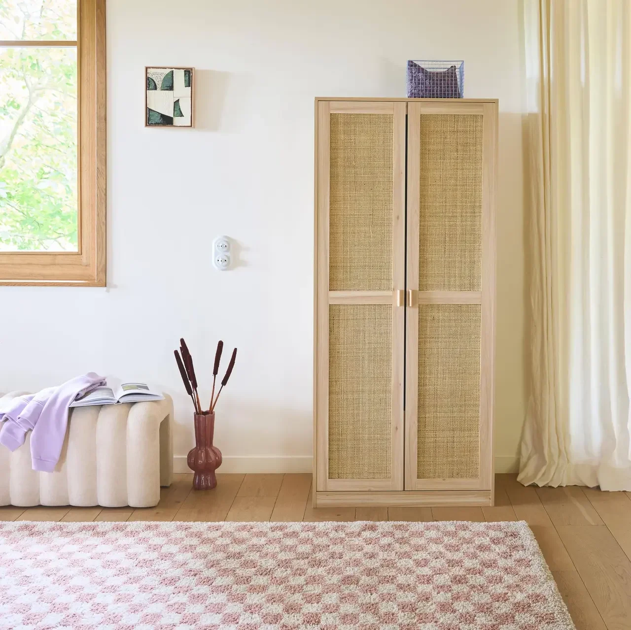 Armoire 2 portes cannage bois clair penderie étagères Camargue