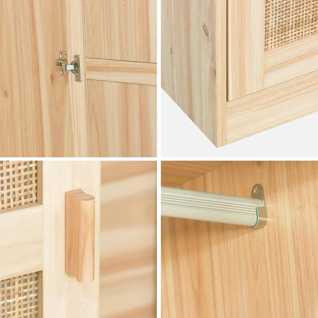 Armoire 2 portes cannage bois clair penderie étagères Camargue