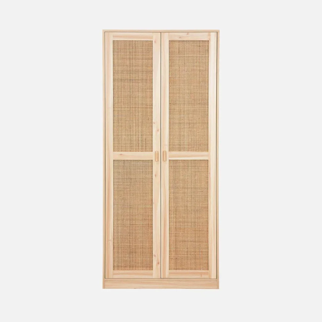 Armoire 2 portes cannage bois clair penderie étagères Camargue