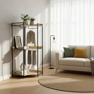 Armoire d'angle style industriel bois et métal 4 tringles 2 niveaux de rangement Clever