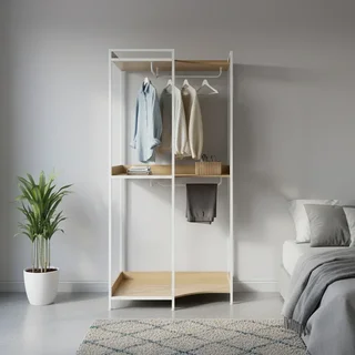 Armoire d'angle industrielle bois métal 4 tringles 2 étagères modulable