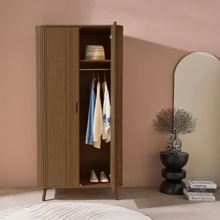 Skandinavischer Stil gerippte Holz Kleiderschrank 2 Türen mit Regal und Kleiderstange