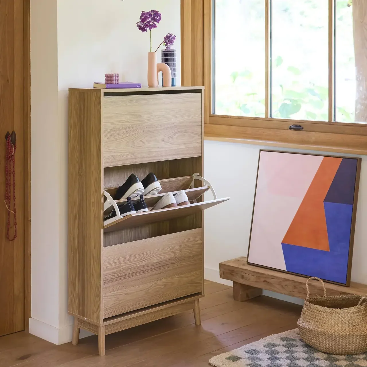 Armoire à chaussures nordique bois 3 portes abattantes style scandinave Dune