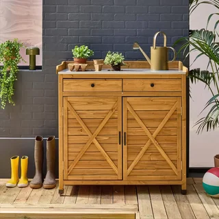 Table de rempotage Azalée en sapin avec plateau acier galvanisé, 2 tiroirs et rangement 2 portes