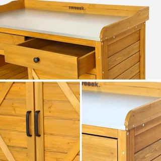 Table de rempotage Azalée en sapin avec plateau acier galvanisé, 2 tiroirs et rangement 2 portes