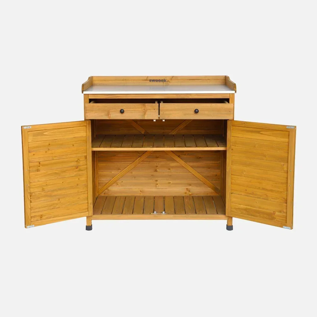 Table de rempotage Azalée en sapin avec plateau acier galvanisé, 2 tiroirs et rangement 2 portes