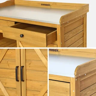 Table de rempotage Azalée en sapin avec plateau acier galvanisé, 2 tiroirs et rangement 2 portes