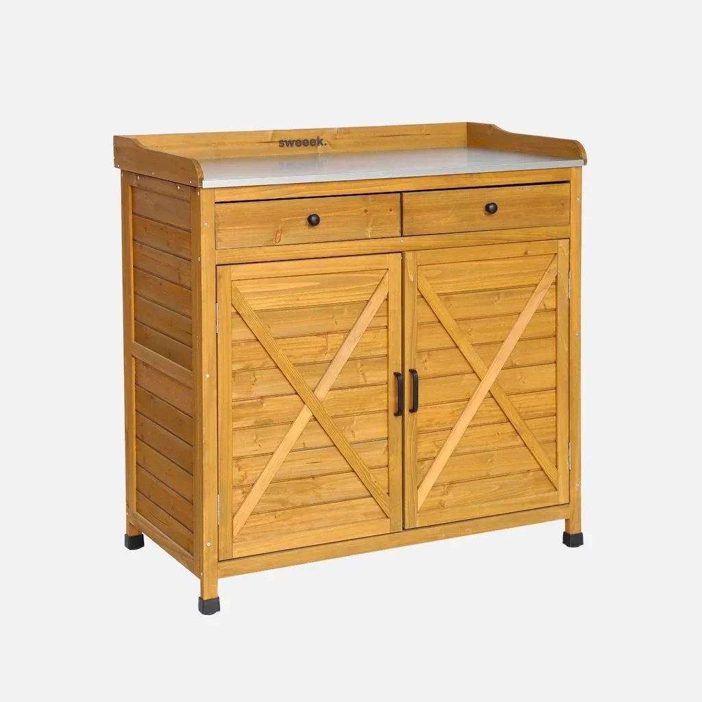Table de rempotage Azalée en sapin avec plateau acier galvanisé, 2 tiroirs et rangement 2 portes