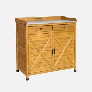 Table de rempotage Azalée en sapin avec plateau acier galvanisé, 2 tiroirs et rangement 2 portes