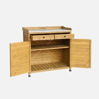 Table de rempotage Azalée en sapin avec plateau acier galvanisé, 2 tiroirs et rangement 2 portes