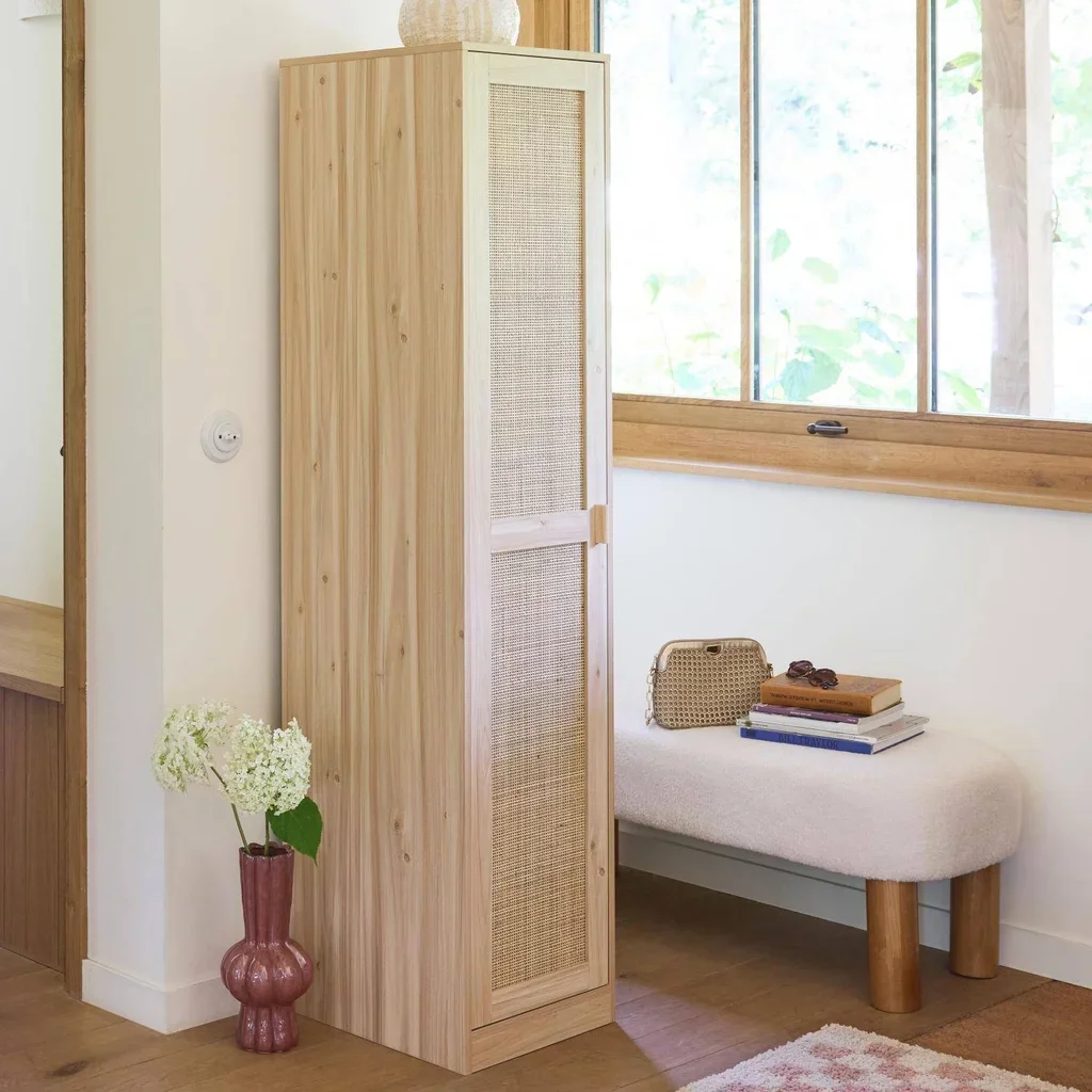 Armoire penderie 1 porte cannage bois 5 tablettes Camargue