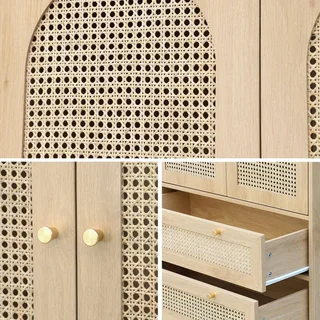 Armoire penderie 2 portes cannage bois naturel avec tiroirs dorés Judith