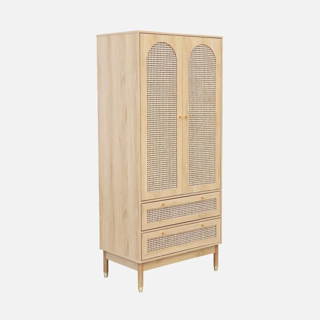 Armoire penderie 2 portes cannage bois naturel avec tiroirs dorés Judith