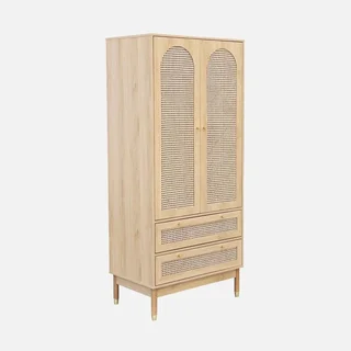 Armoire penderie 2 portes cannage bois naturel avec tiroirs dorés Judith