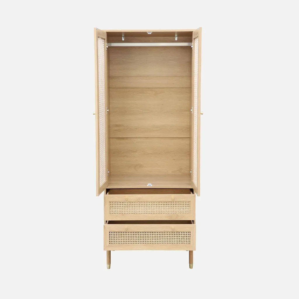 Armoire penderie 2 portes cannage bois naturel avec tiroirs dorés Judith