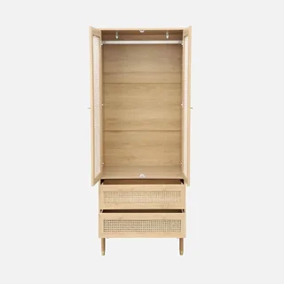 Armoire penderie 2 portes cannage bois naturel avec tiroirs dorés Judith
