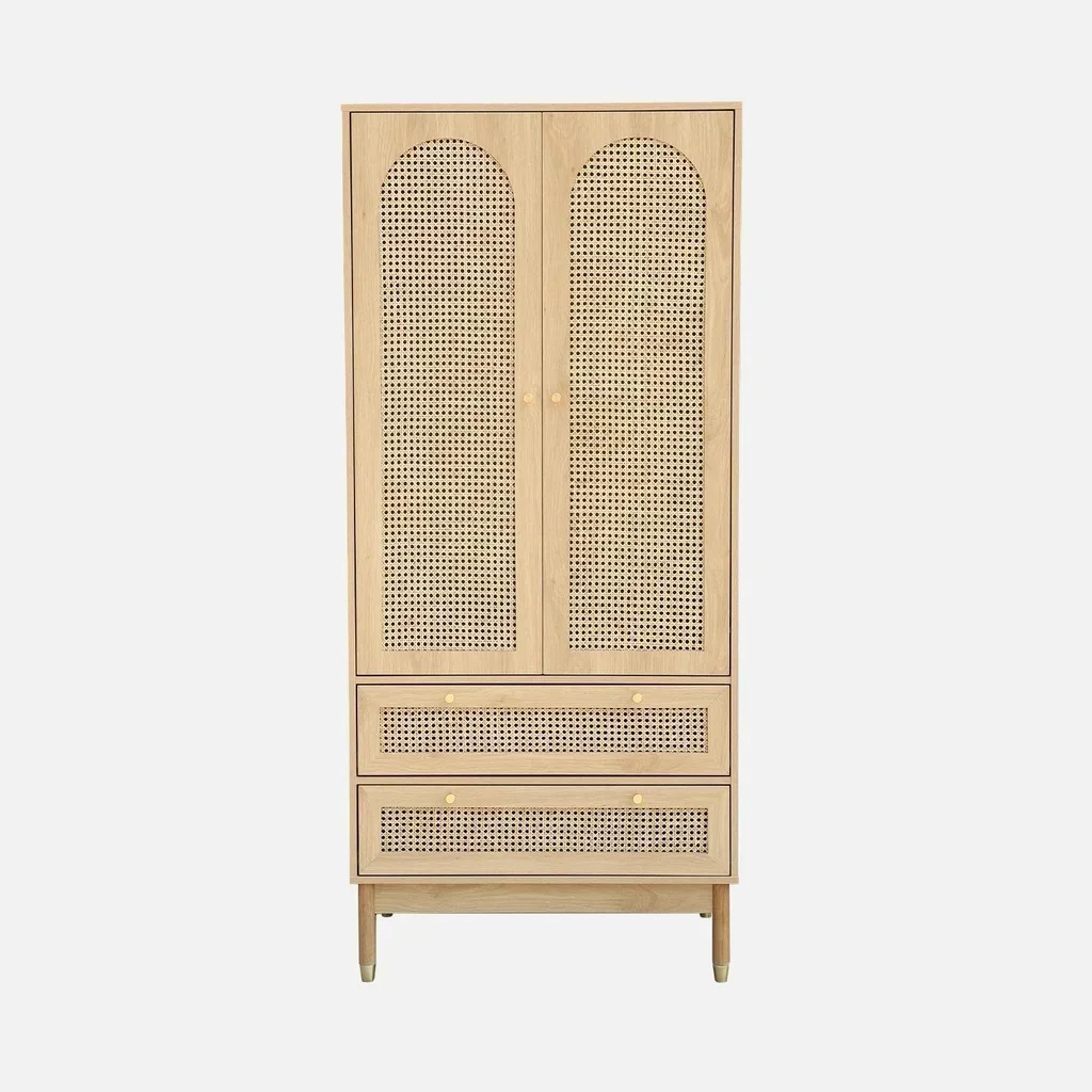 Armoire penderie 2 portes cannage bois naturel avec tiroirs dorés Judith