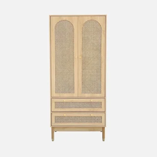 Armoire penderie 2 portes cannage bois naturel avec tiroirs dorés Judith