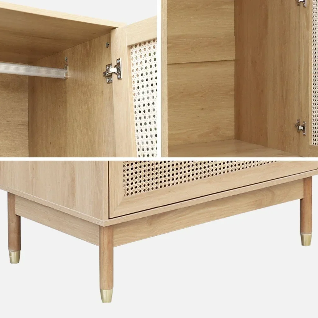 Armoire penderie 2 portes cannage bois naturel avec tiroirs dorés Judith