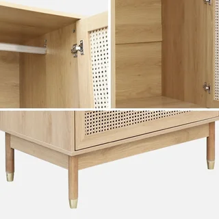 Armoire penderie 2 portes cannage bois naturel avec tiroirs dorés Judith