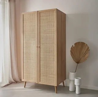 Armoire penderie 2 portes cannage bois clair style bohème vintage