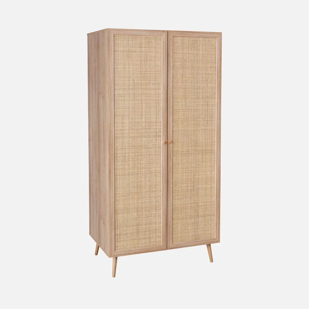 Armoire penderie 2 portes cannage bois clair style bohème vintage