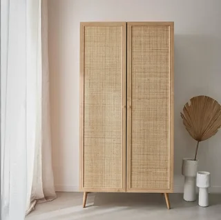 Armoire penderie 2 portes cannage bois clair style bohème vintage