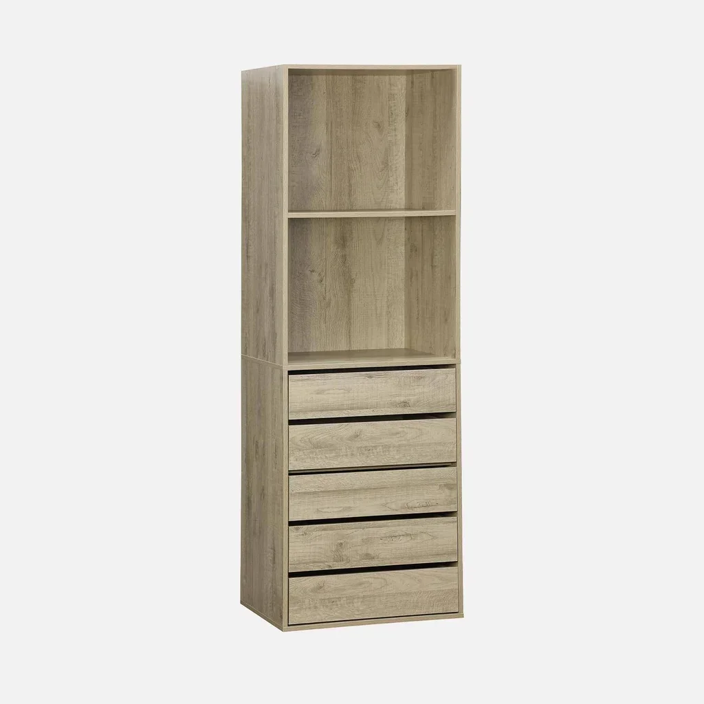 Armoire bois 5 tiroirs 2 étagères dressing Modulo naturel